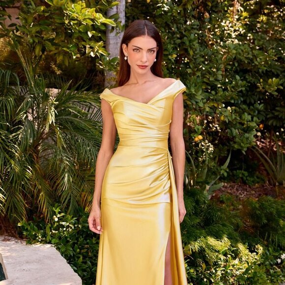 New Yellow Off The Shoulder Luxury Sheath Gown w/ Side Drape & Leg Slit CD393 - Picture 4 of 10